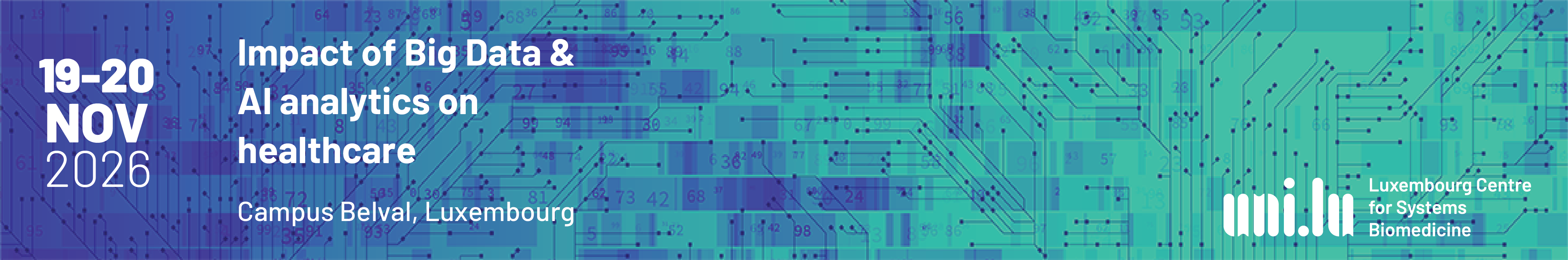 Header banner for the conference: Impact of Big Data and AI analytics on healthcare. This goes from 19 November 2026 to 20 November 2026.