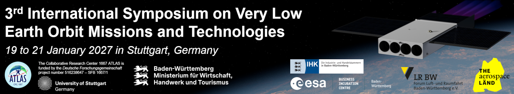 Header banner for the conference: 3rd International Symposium on Very Low Earth Orbit Missions and Technologies. This goes from 19 January 2027 to 21 January 2027 in Haus der Wirtschaft, Stuttgart, Germany.